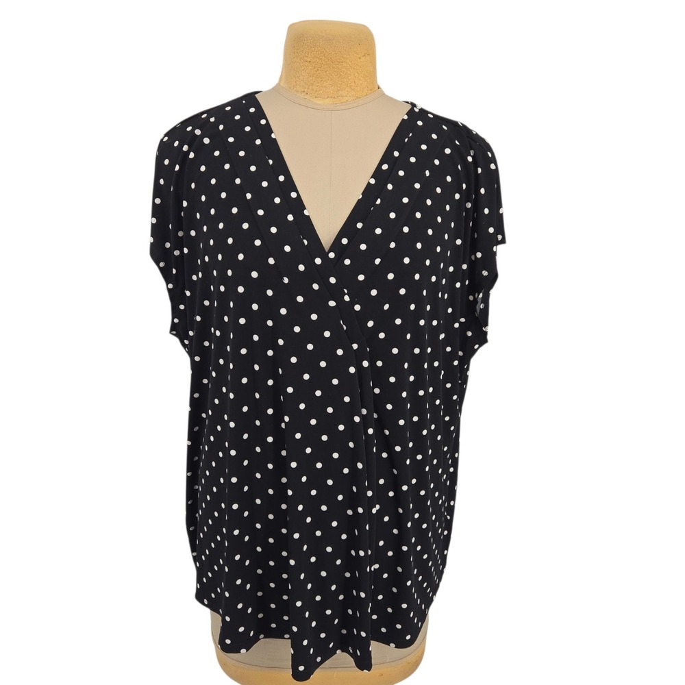 Lane Bryant Polka Dot Blouse Women 26/28 Black White Surplice V-Neck Plus Size